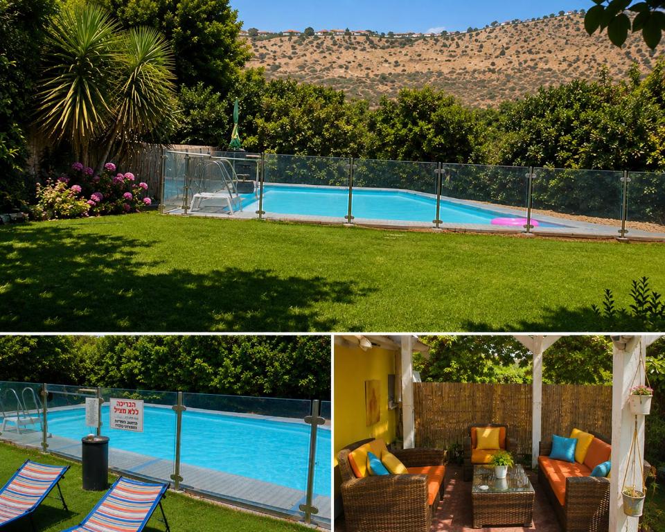 two pictures of a backyard with a swimming pool at Casa de Limon - צימרים וסוויטות בוטיק בגליל in Sede Eli‘ezer
