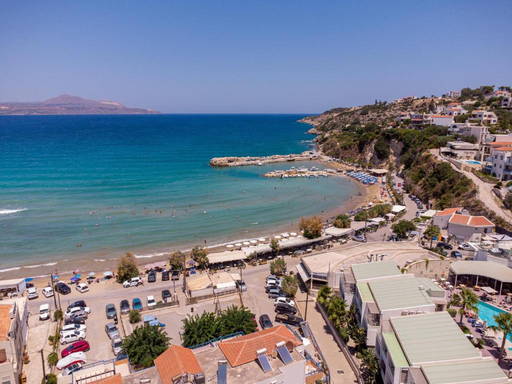 an aerial view of a beach and the ocean at Villa Antonia in Almyrida