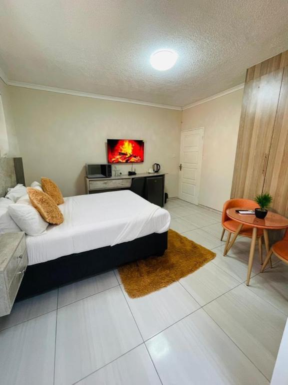 a bedroom with a bed and a tv on the wall at Parklane Bed and breakfast in Gaborone