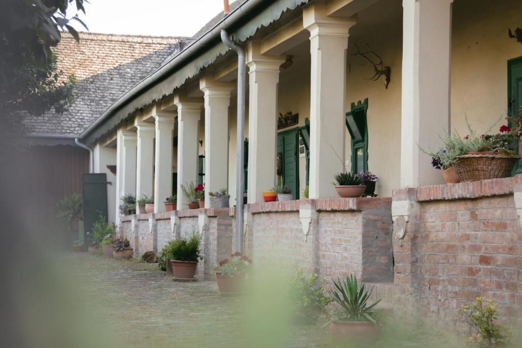 a house with potted plants on a brick wall at Tradicionalna Kuća Biljkinog oca in Lug