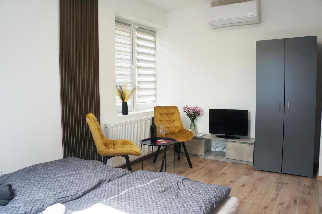 a bedroom with a bed and two chairs and a television at Termál Vendégház in Leányfalu