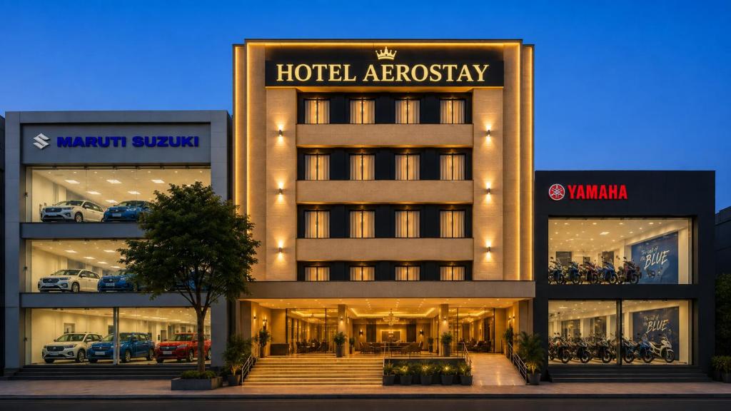 Ein Hotelgebäude, das als archäologischer Bau dient, mit Autos in den Fenstern in der Unterkunft Hotel Aero Stay Igi Delhi Airport in Neu-Delhi
