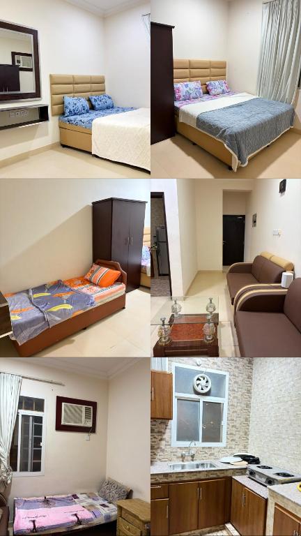 a collage of four pictures of a hotel room at Sahnut in Salalah