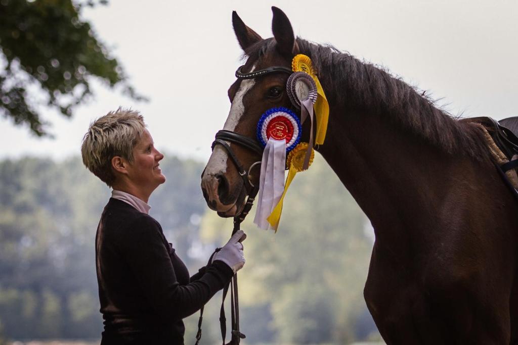 un hombre está de pie junto a un caballo marrón en Kaiserhof Goldenbek, en Goldenbek