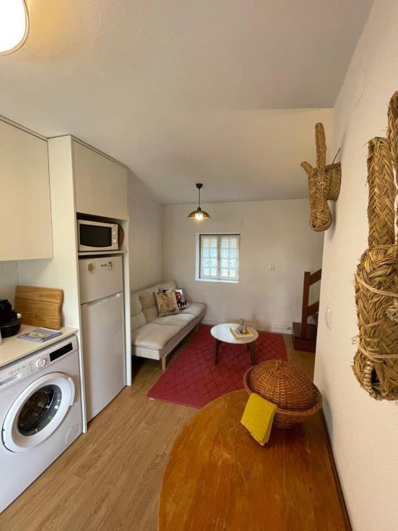 a small kitchen and living room with a washer and dryer at Casa dos Pintos in Paredes de Coura