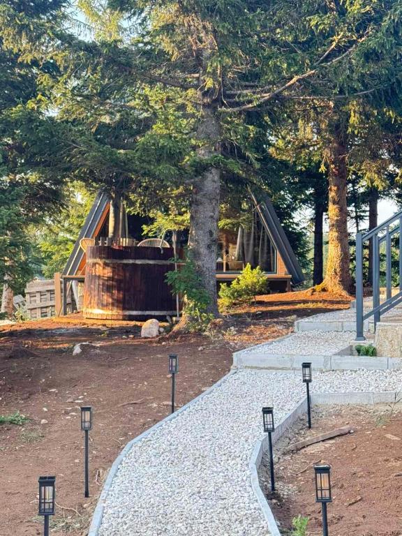 a path leading to a cabin with a tree at Forest Whisper - Mountain Retreat in Kovačka Dolina