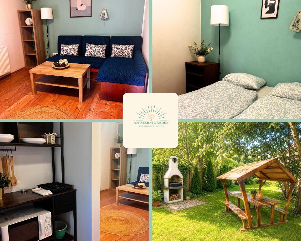 a collage of three pictures of a room at AH-REMINI GARDEN Home in Siófok