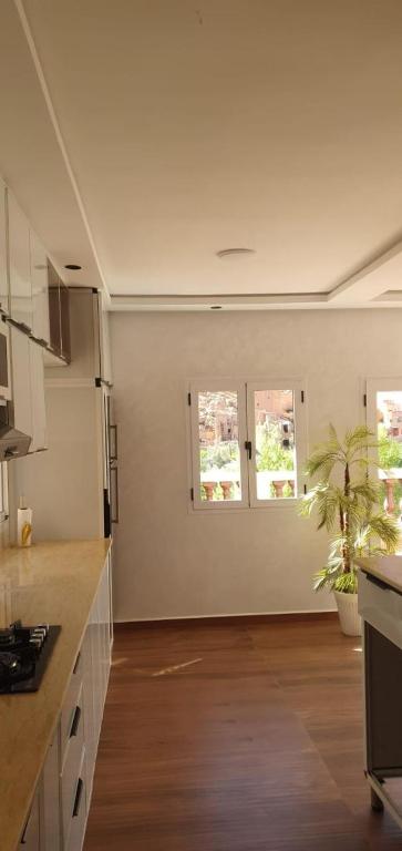 an empty kitchen with two windows and a potted plant at La maison blanche in Tinerhir