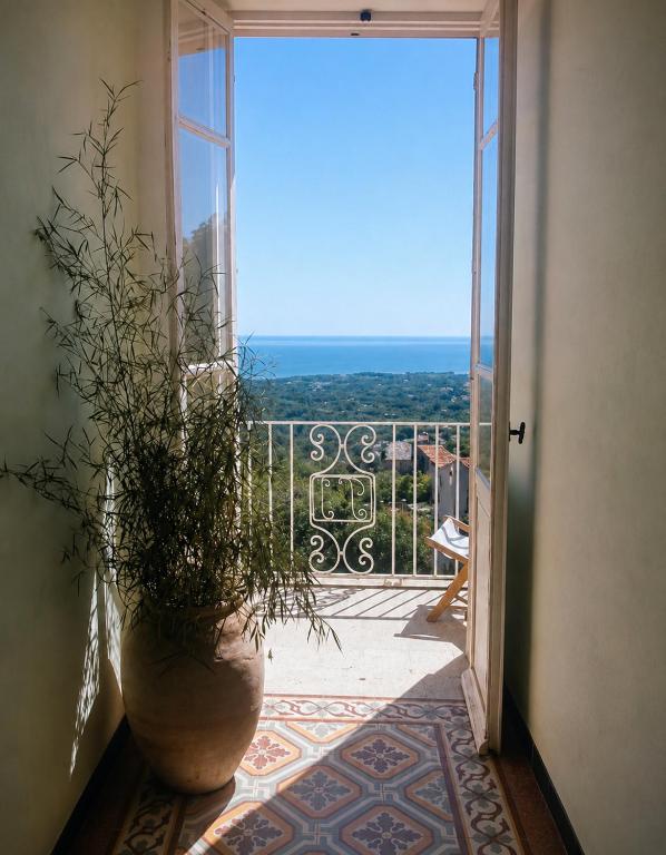 an open door to a balcony with a potted plant at Chambres d'hôte A Caserella, Maison de village rénovée avec vue sur mer in Valle-di-Campoloro
