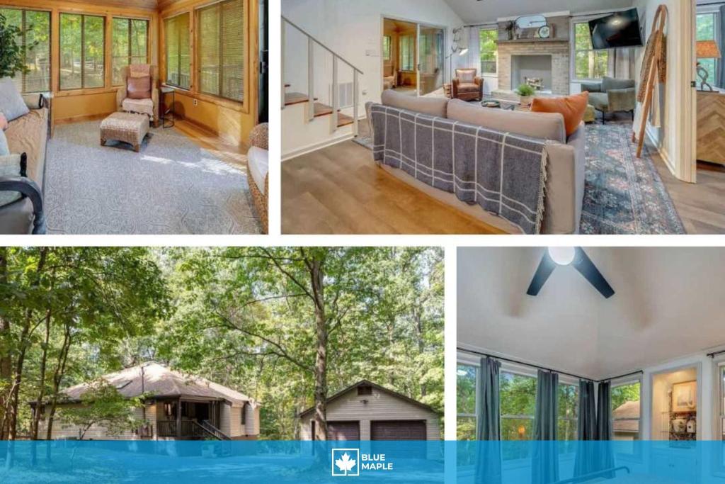 a collage of three pictures of a house at Secluded Retreat w Hot Tub, FirePit & Pool Access in Hedgesville