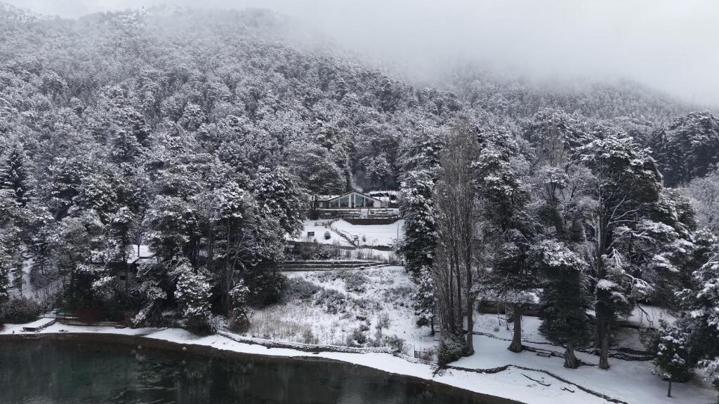 a snow covered forest with a house and a lake at Hosteria El Condado in San Carlos de Bariloche