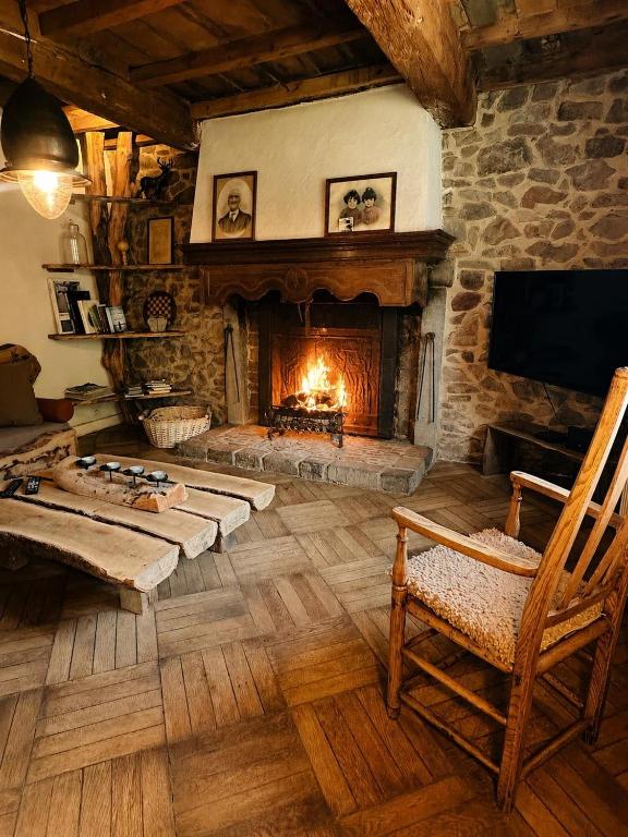 a large living room with a fireplace and a chair at Maison de gesves in Gesves