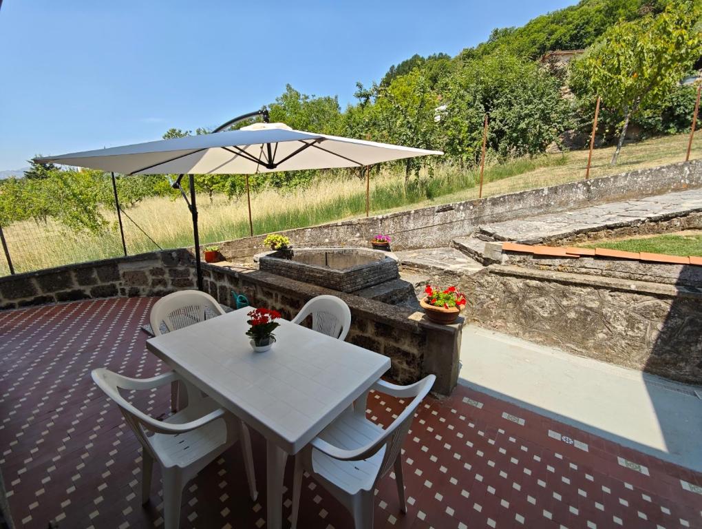 a table and chairs with an umbrella on a patio at Sosta FONTE DAVIDDI in Santa Fiora