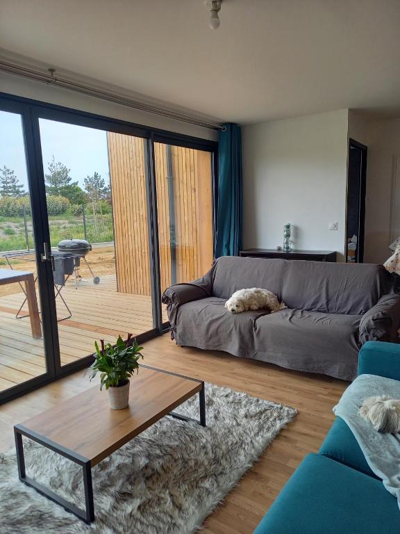a living room with a gray couch and a table at O Ptit home in Saint-Vincent-sur-Jard