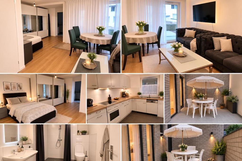 a collage of photos of a kitchen and a living room at Apartment am Rhein in Bonn