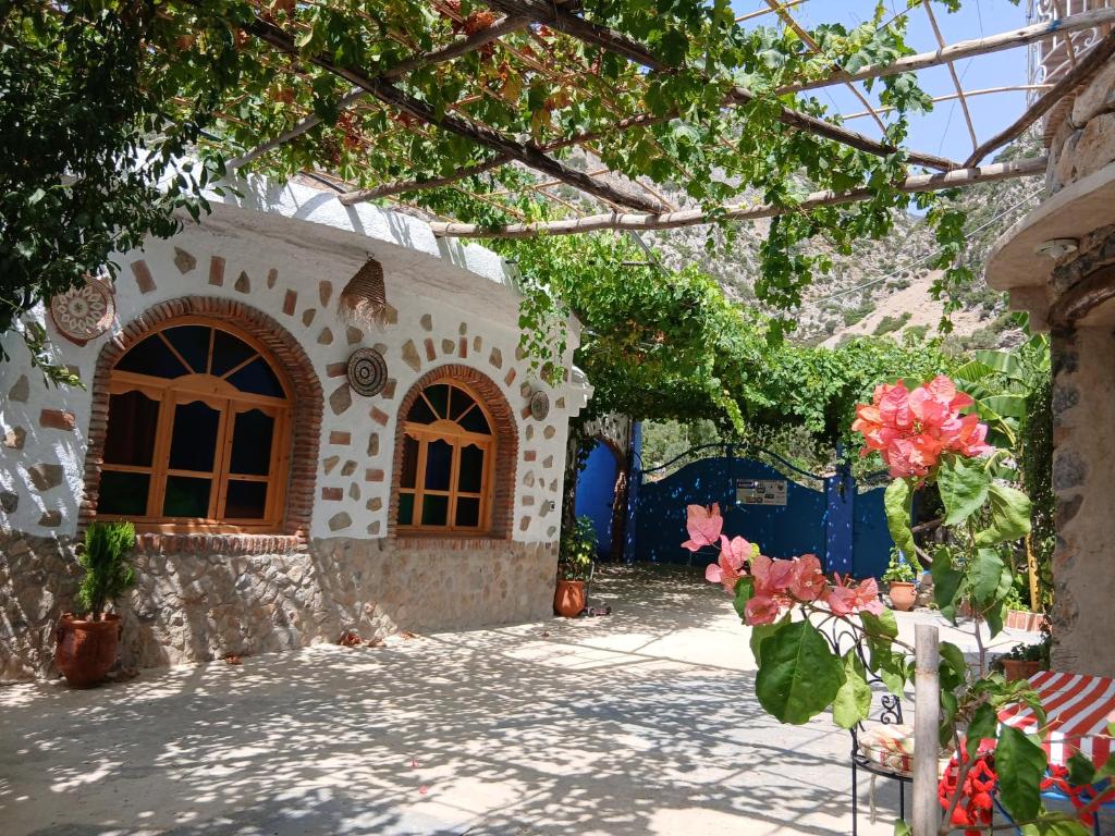 a courtyard of a house with pink flowers in it at Blue House Town in Chefchaouen