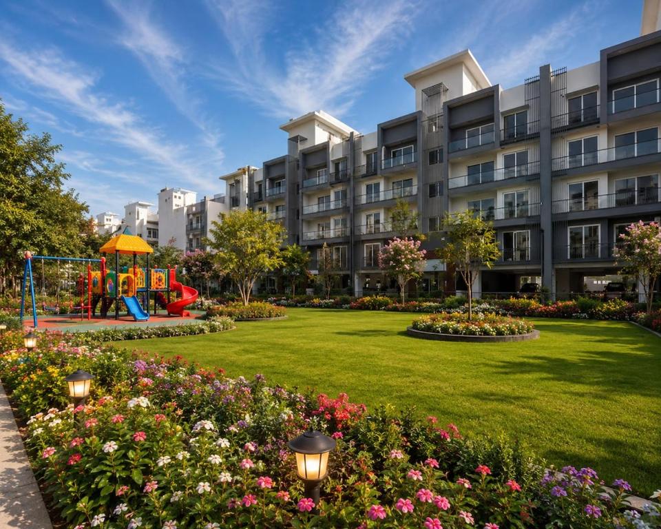 a large apartment building with a playground in a park at Gurgaon Legacy in Gurgaon