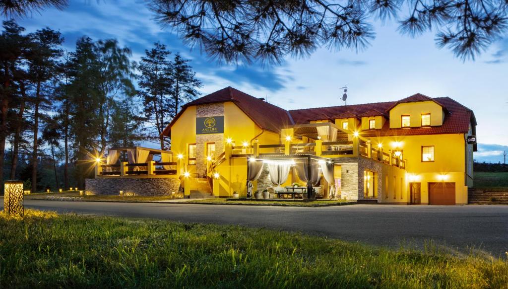 a large yellow house with lights on it at Wellness Pension AniLife in Číměř