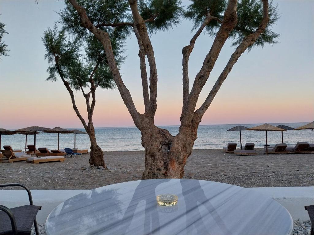 a table on the beach with trees and chairs at Sea balcony in Marathokampos
