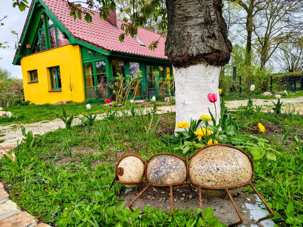 two bugs in front of a house with a tree at Haus 9 am Fluss in Witnica