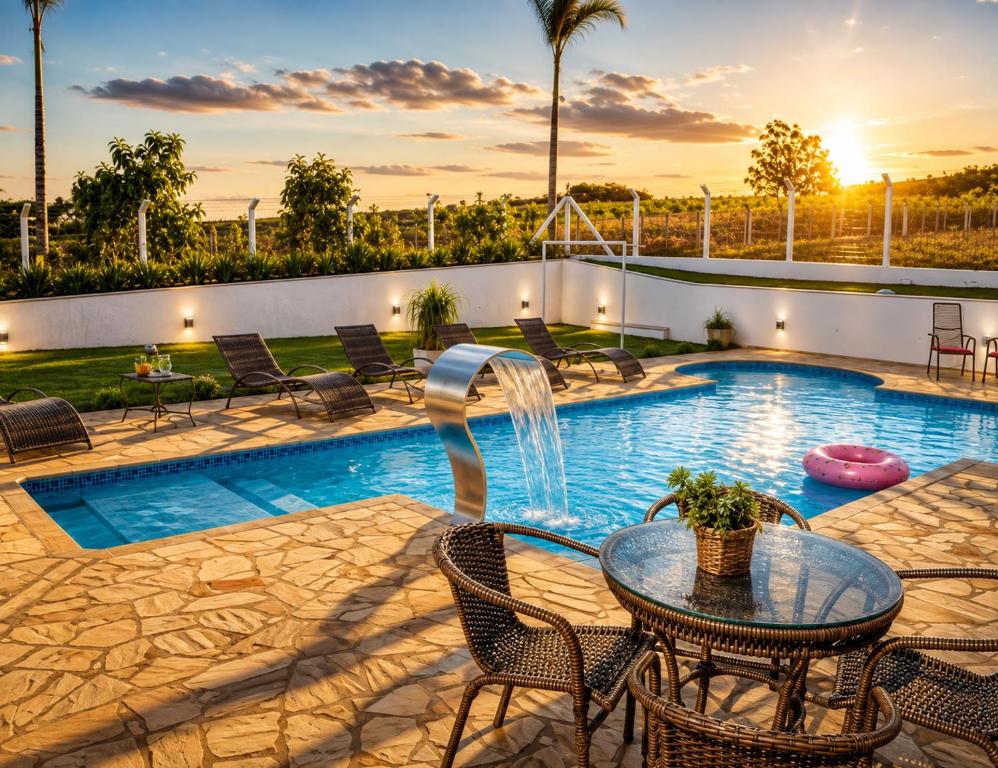 a pool with a table and chairs and a fountain at Casa de campo - chácara Guinato in Socorro