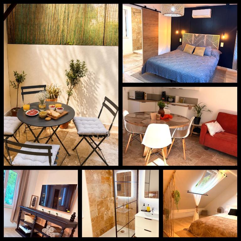 a collage of pictures of a living room and a bedroom at Cottage cosy avec terrasse 5pers proche Etretat in Bolbec
