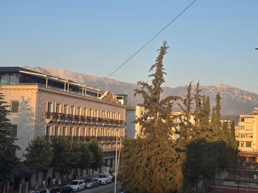 a city street with buildings and a mountain in the background at Evelin Apartment Berat in Berat