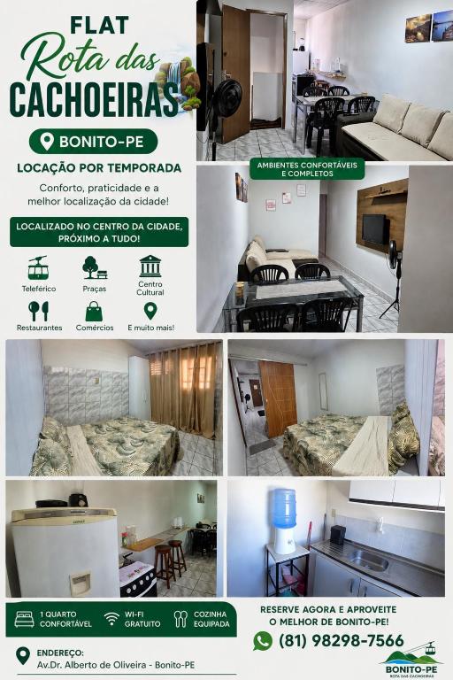 a collage of photos of a house with a flyer at Flat Centro Rota Cachoeira in Bonito