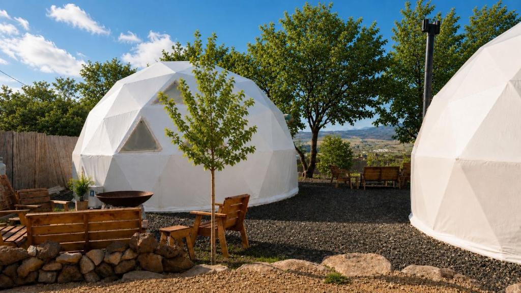 a large white dome tent with a tree in a yard at AL-hakoura in Mas'ada