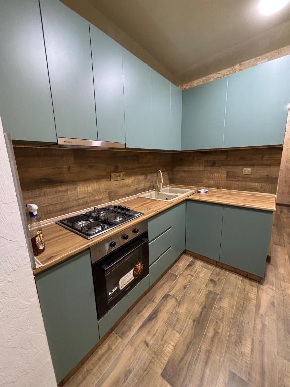 a kitchen with blue cabinets and a stove top oven at Apartment in Jvari in Jvari