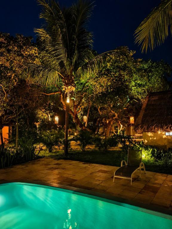 a swimming pool at night with a palm tree at Pousada Estação Cajueiro in São Miguel do Gostoso