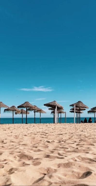 a group of straw umbrellas on a sandy beach at Los BOLICHES Playa in Fuengirola