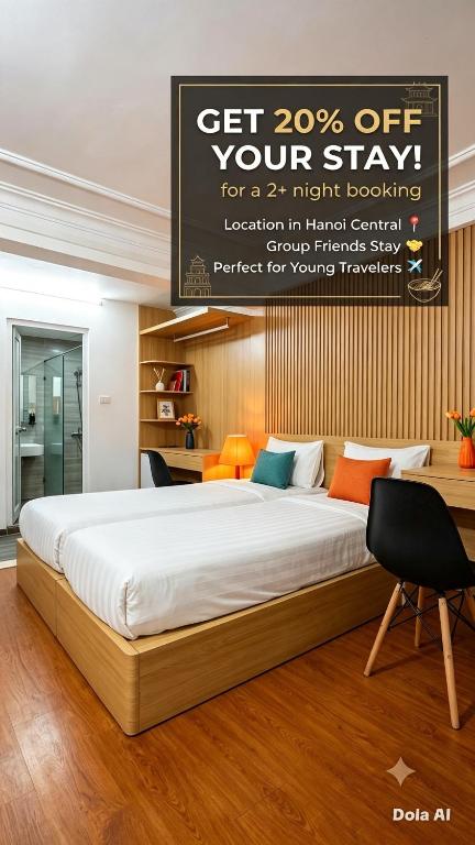 a bed in a room with a sign that says get off your stay at Hanoi Discovery Travel Hotel in Hanoi