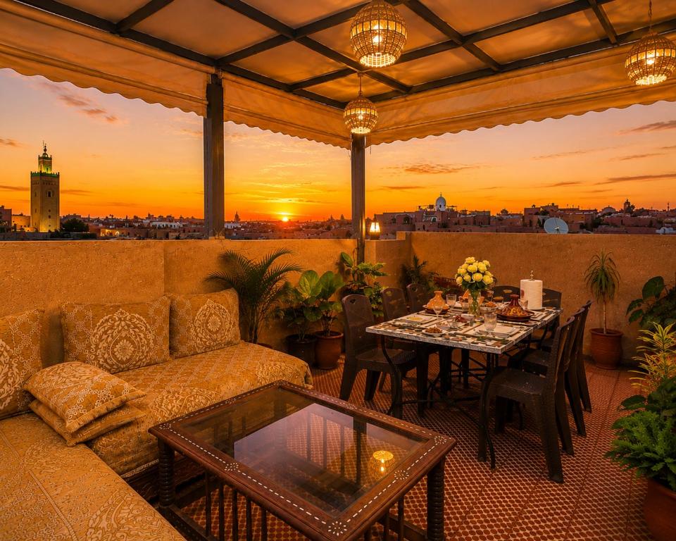a patio with a couch and a table with a sunset at Dar Houda in Fez