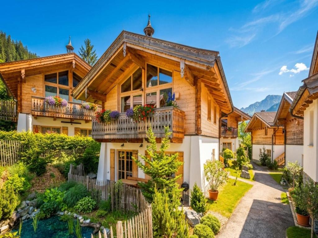 a log house with a balcony and a yard at am Teich in Neukirchen am Großvenediger