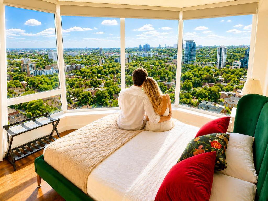 a couple sitting on a bed looking out of a large window at Luxury 3-Beds Apartment in Yorkville with the Best City View in Downtown Toronto in Toronto