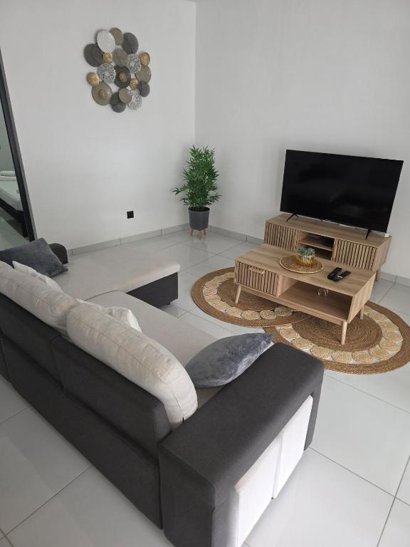 a living room with a couch and a tv at Bas de villa in Grand-Bourg