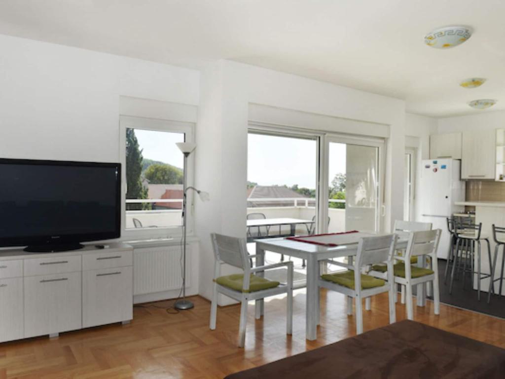 a kitchen and dining room with a table and a television at Apartments Despot Zaostrog RR in Zaostrog