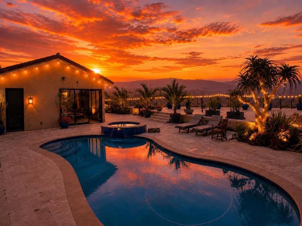 a pool in a backyard with a sunset in the background at Hilltop View Sanctuary in Fallbrook