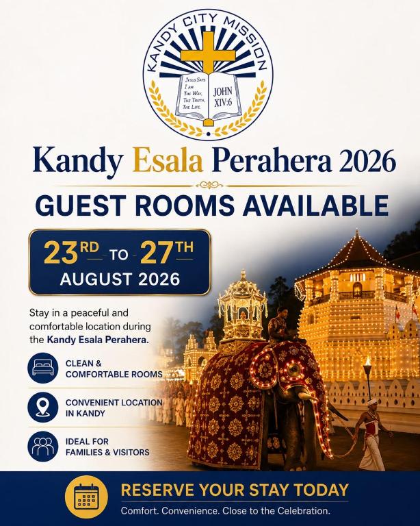 a poster for a guest rooms available at kanye esala perandan guest rooms at Kandy City Mission in Kandy