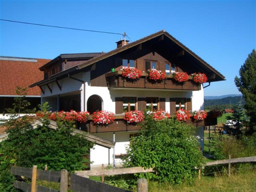 ein Haus mit Blumenkästen auf der Vorderseite in der Unterkunft Ferienhof Hierl in Burgberg