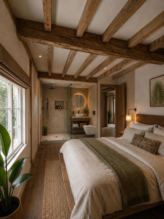 a bedroom with a large bed and a bathroom at Palms Resort in Hampreston