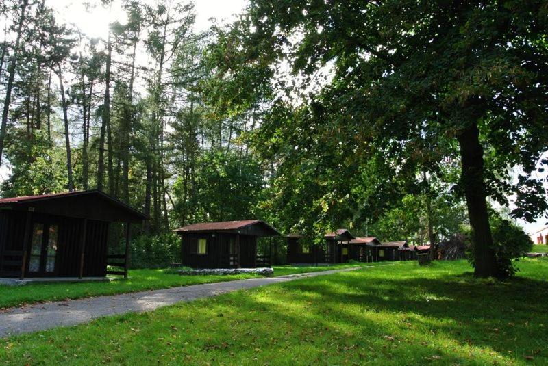 a group of huts in a park with a tree at Chatová Osada Pohádka in Vazačka