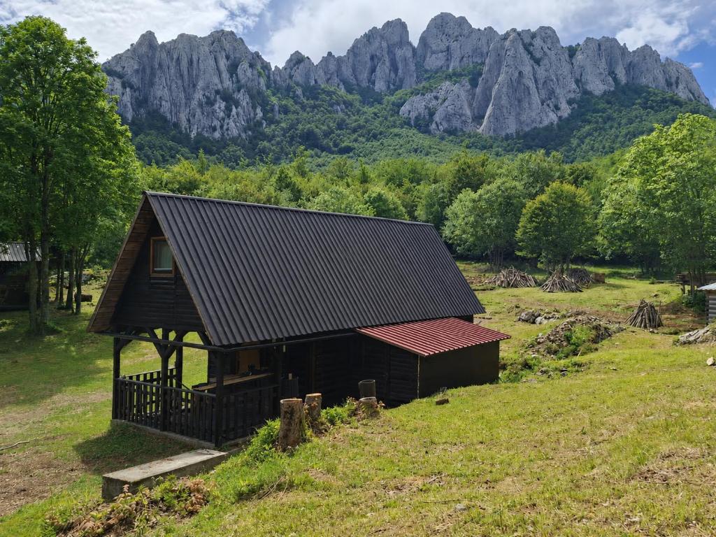 a small house in a field with mountains in the background at Mountain Retreat Stars Peak in Bačić Duliba