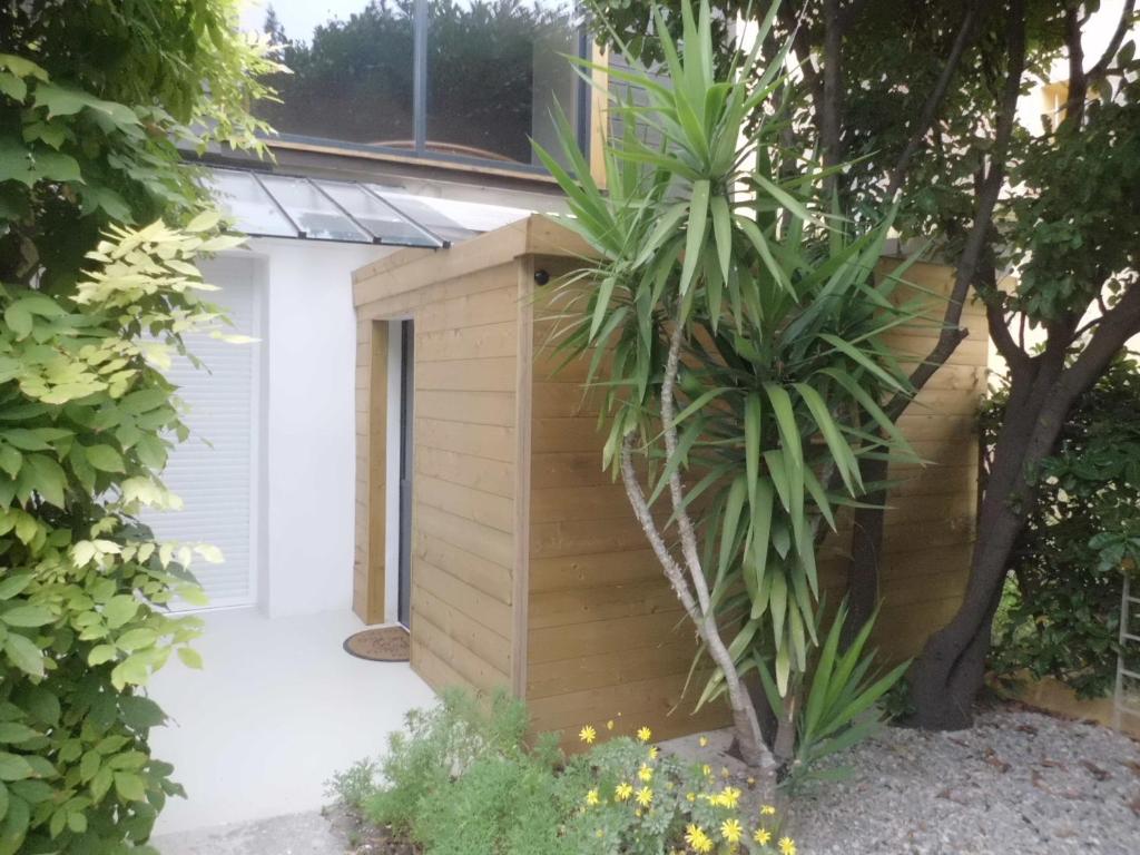 a small wooden shed with a palm tree next to it at Clos Réginel Remparts Sud in Avignon