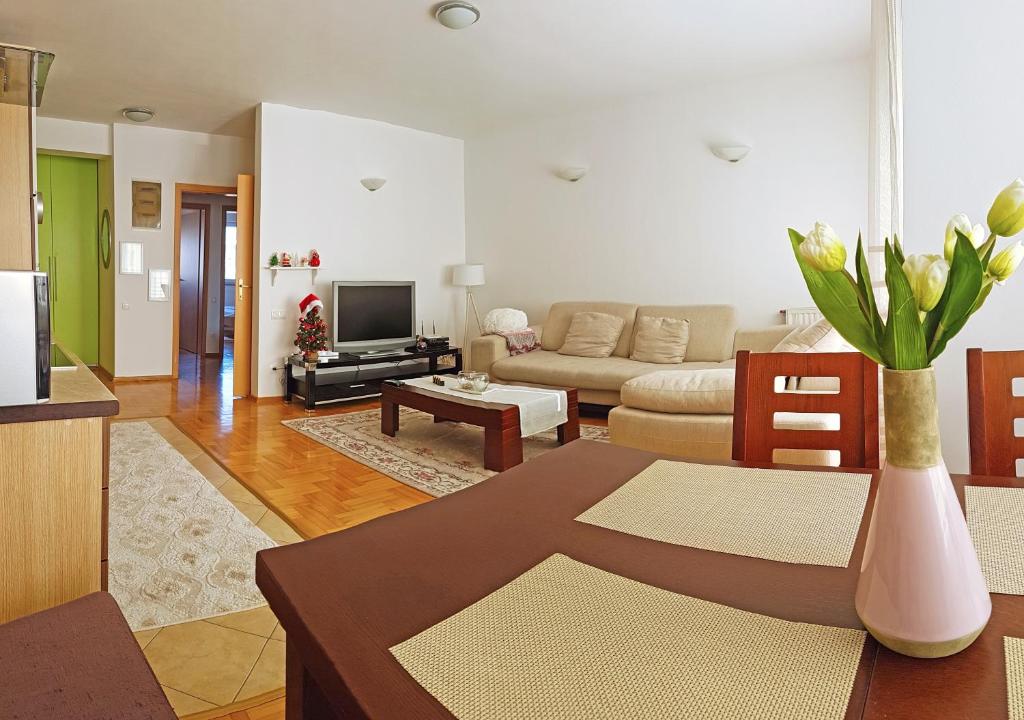 a living room with a couch and a tv at Apartment 13 in Pristina