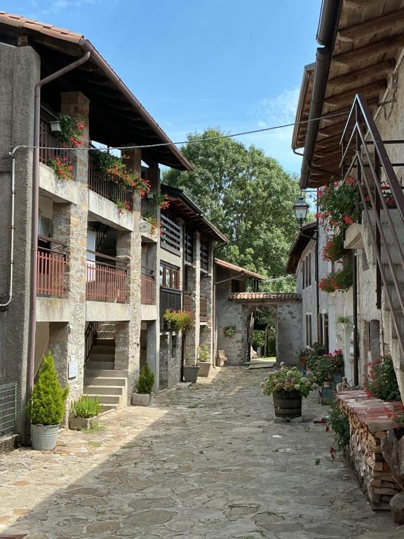 an alley in a building with potted plants at Casa Cucuc in Frisanco