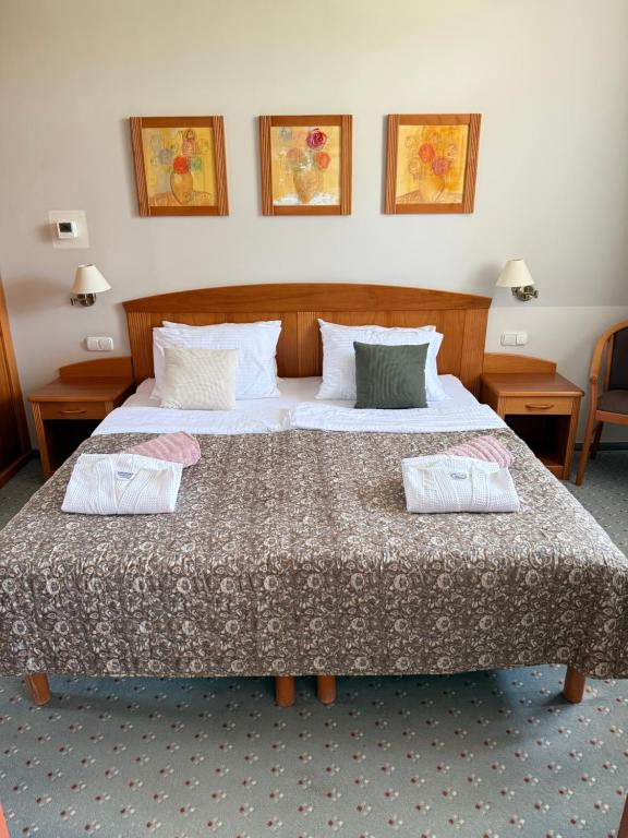 a bedroom with a large bed with two pillows on it at BeWell Apartment in Zalakaros