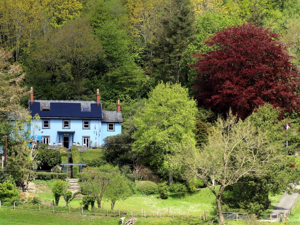 a blue house on a hill with trees at Tŷ Melindwr in Capel Bangor