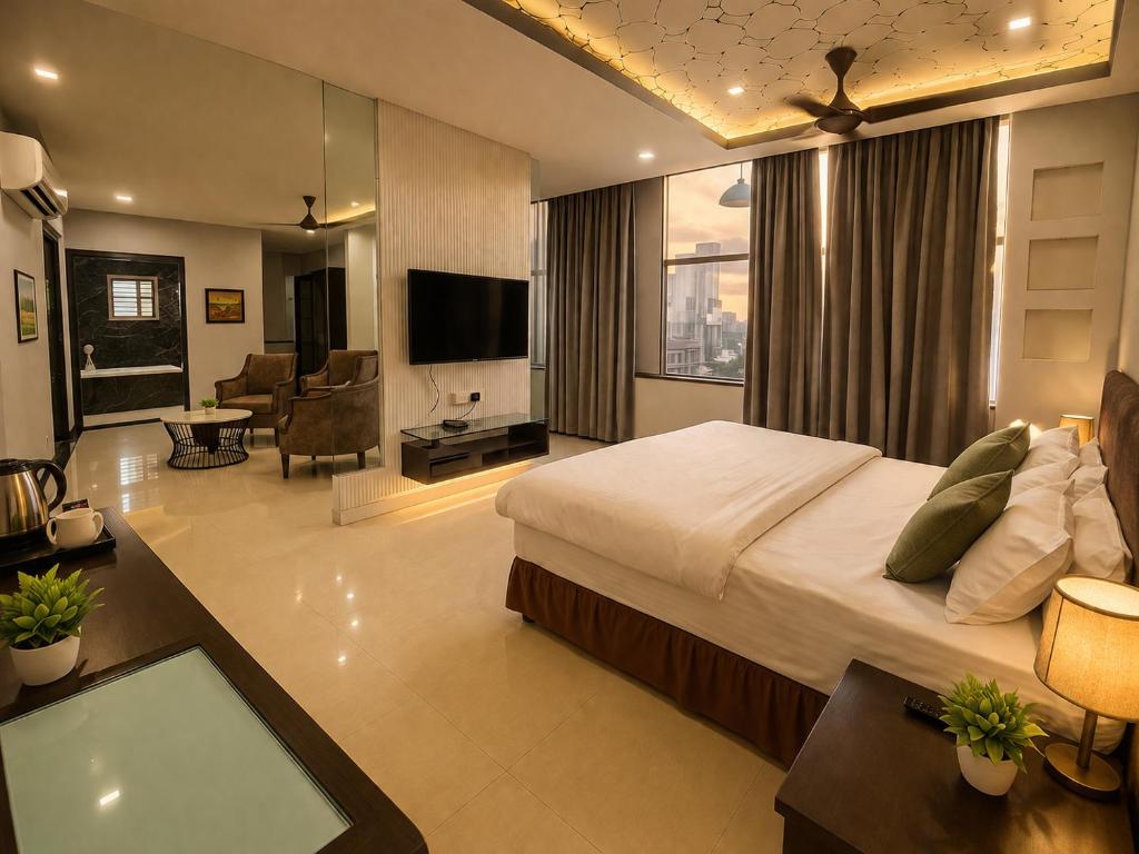 a bedroom with a large bed and a living room at BHAGYA SHREE Hotel in Nokha
